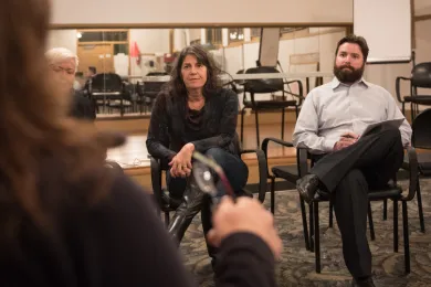 Commissioner Sharon Meieran, center, joins Environmental Health Director Jae Douglas and Matt Hoffman, who coordinates air pollution policy for the Health Department at a community meeting in Linnton.
