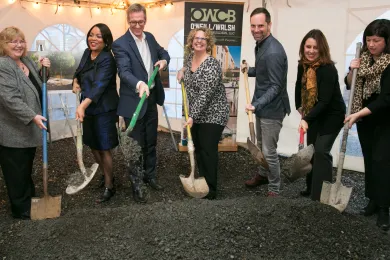 from left: Jan Laskey, Bank of America, Commissioner Loretta Smith, Mayor Ted Wheeler, Julie Cody, Oregon Housing and Community Services, Michael Buonocore, Home Forward, Chair Deborah Kafoury and Shannon Callahan Portland Housing Bureau