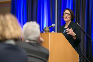 Commissioner Jessica Vega Pederson addresses the crowd at March 2 Regional Leader Forum