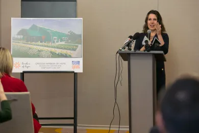 Chair Deborah Kafoury speaks at the Oregon Harbor of Hope shelter announcement April 10, 2018.