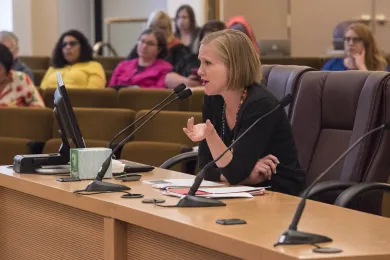 Bevin Croft, an analyst with th consultant firm HSRI, briefs commissioners on the mental health report