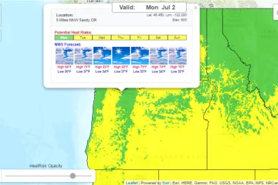 Image of HeatRisk map with NWS forecast overlay.