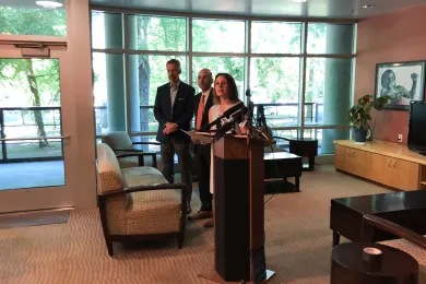 Mayor Ted Wheeler, from left, Portland Business Alliance CEO Andrew Hoan and Chair Deborah Kafoury on Friday, July 27, 2018.