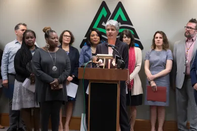 Kim Toevs, director of Youth Sexual Health Equity, announces the lawsuit to protect sex ed