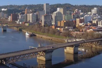 Aerial view of Burnside Bridge and downtown Portland.