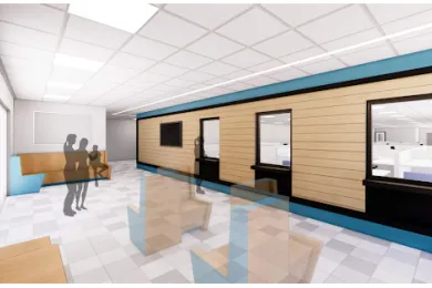 Artist rendering of lobby inside new Department of Community Justice campus.