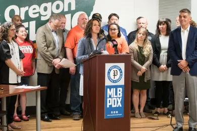 Chair Deborah Kafoury addresses baseball press conference.