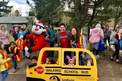 Multnomah County’s Safe Routes program staff held the Walk to School celebration and had a special visit from the Portland Trailblazers mascot, Blaze.  