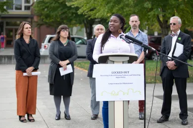Nkgenge Harmon-Johnson, president of the Urban League of Portland, speaks at a press event Thursday, Sept. 5, 2019.