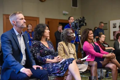 Mayor Ted Wheeler, from left, Commissioner Sharon Meieran, Commissioner Jo Ann Hardesty and Commissioner Susheela Jayapal listen as Portland Street Response survey results are unveiled Thursday, Sept. 19, 2019.