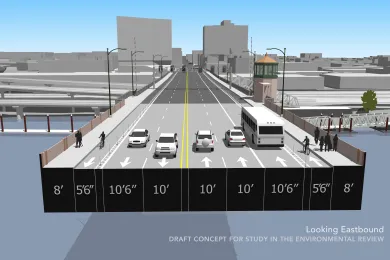 The new traffic layout for the Burnside Bridge includes an eastbound bus only lane and buffer zone along bike lanes.