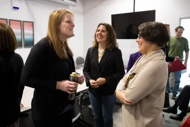 Chair Deborah Kafoury, center, and Commissioner Jessica Vega Pederson, right, with a participant at Laurelwood Center on Friday, Dec. 6, 2019.
