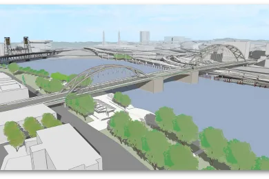 The long span alternative could include the tied arch approach spans shown here.