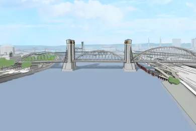 New long span Burnside Bridge with tied arch design.