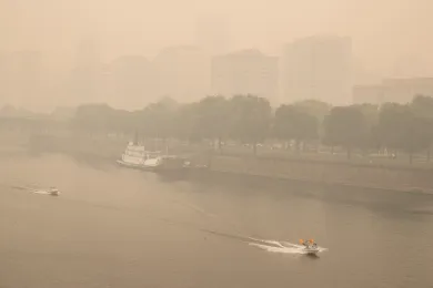 Smoke-filled skies above the Willamette river, September 2020