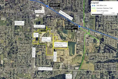 A map of the Yeon property and surrounding neighborhood, emphasizing Burnside Street and the Gresham-Fairview Trail.