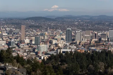 City scape with Multnomah County Building and Mount Hood