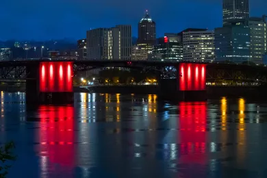 The Morrison Bridge is lit red to honor missing and murdered indigenous women and girls, May 2021