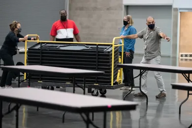 County staff set up the Oregon Convention Center Cooling Center, June 25, 2021