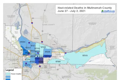 A map of heat deaths between June 27- July 2, 2021