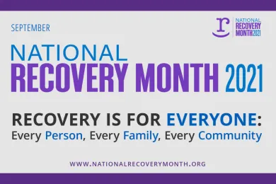 A banner reading "Recovery Month" with images of smiling faces on the left and right