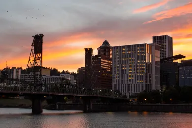 A picture of the Portland cityscape during sunset