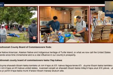 Jordan Mercier reading from a slideshow during a virtual ceremony celebrating Indigenous Peoples' Day