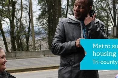 Three people outside talking. Text reads 'Metro supportive housing Tri-County planning body'