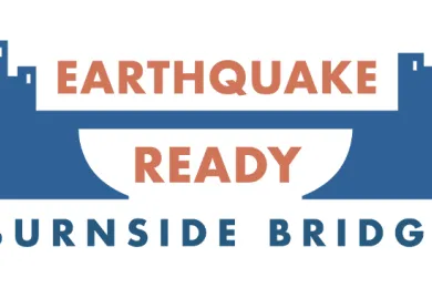 Color drawing of the Burnside Bridge with Earthquake in red above the bridge and Ready in red below the deck of the bridge.  Burnside Bridge in blue below the image