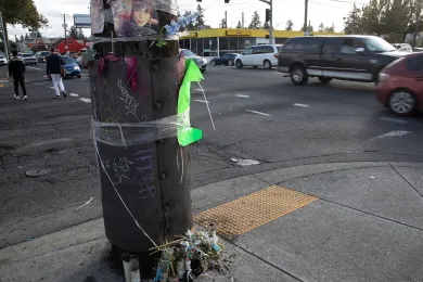 Memorial at the intersection of 122nd and Stark, where a driver hit and killed  a woman in July, 2020