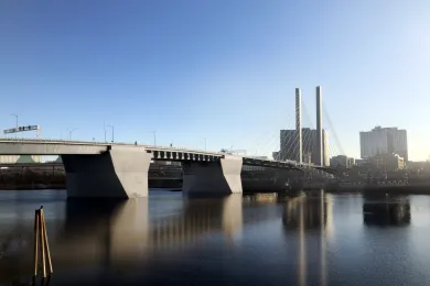 Rendering of long span Burnside Bridge with cable supported tower on east approach.