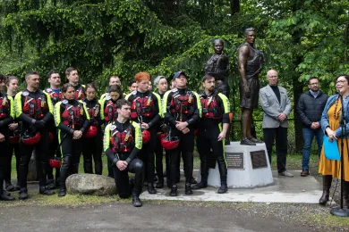 Commissioner Jessica Vega Pederson speaks alongside River Rescue Program lifeguards.