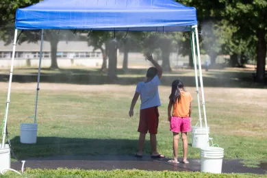A misting station set up at Knott Park, July 2021