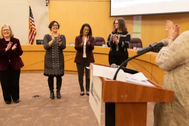 (Left to right): Diane Rosenbaum, Jessica Vega Pederson, Susheela Jayapal, and Jennifer McGuirk during the Jan. 5 swearing in ceremony