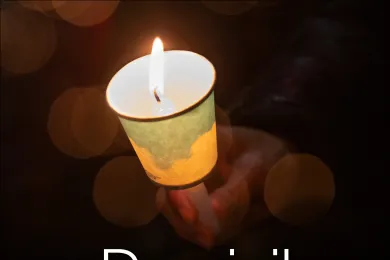 A photo of a lit candle with text that says Domicile Unknown, review of deaths among people experiencing homelessness in Multnomah County in 2021. February 2023 in black and white font.