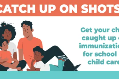 A graphic of a family with tex that says Catch Up on Your Shots