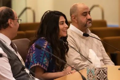 (Left to right): Nabil Zaghloul, Layan Ammouri, and Ahmed Alzubidi speak before the Board of County Commissioners.