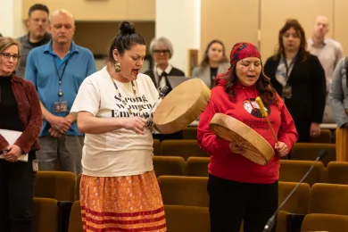 Drummers perform a song as the Board observes Missing and Murdered Indigenous Relatives Week of Awareness