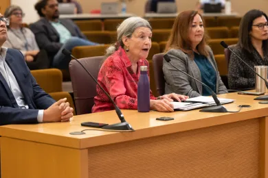 Susan Emmons and other presenters sit at the dais in the Multnomah County boardroom.