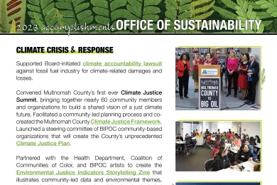 An image of the document including calendar year 2023 accomplishments from the Multnomah County Office of Sustainability