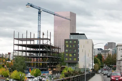 Health Department headquarters construction viewed from the Broadway Bridge
