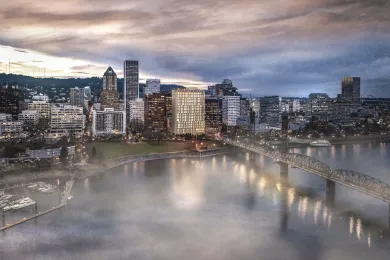 Rendering of view west of future Central Courthouse at west end of Hawthorne Bridge.