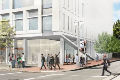 Design drawing of the southeast corner of the Gladys McCoy Headquarters.