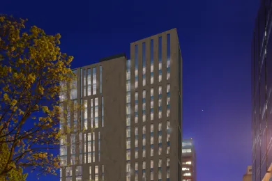 Rendering with view from First Avenue at dusk.