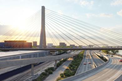 A rendering of a bridge crossing over a highway and rail lines with a river to the right and a sunrise in the background. The bridge is held up by an array of cables emanating from a tower shaped like an upside-down y.