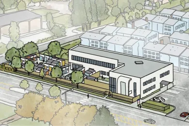 Rendering of a building with adjoining village shelter