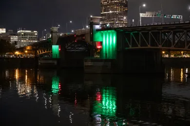 To further honor veterans, Multnomah County participated in Operation Green Light, an initiative organized by the National Association of Counties, by lighting the Morrison Bridge green. 