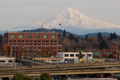 View of Multnomah Building looking east to Mount Hood.