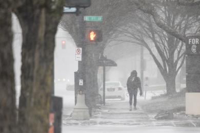 A person walks along a snowy sidewalk.