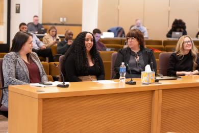 Anna Allen, left, , Laura Suarez, center left, Robyn Johnson, center right and Jilian Schoene, right at Board meeting March 6.